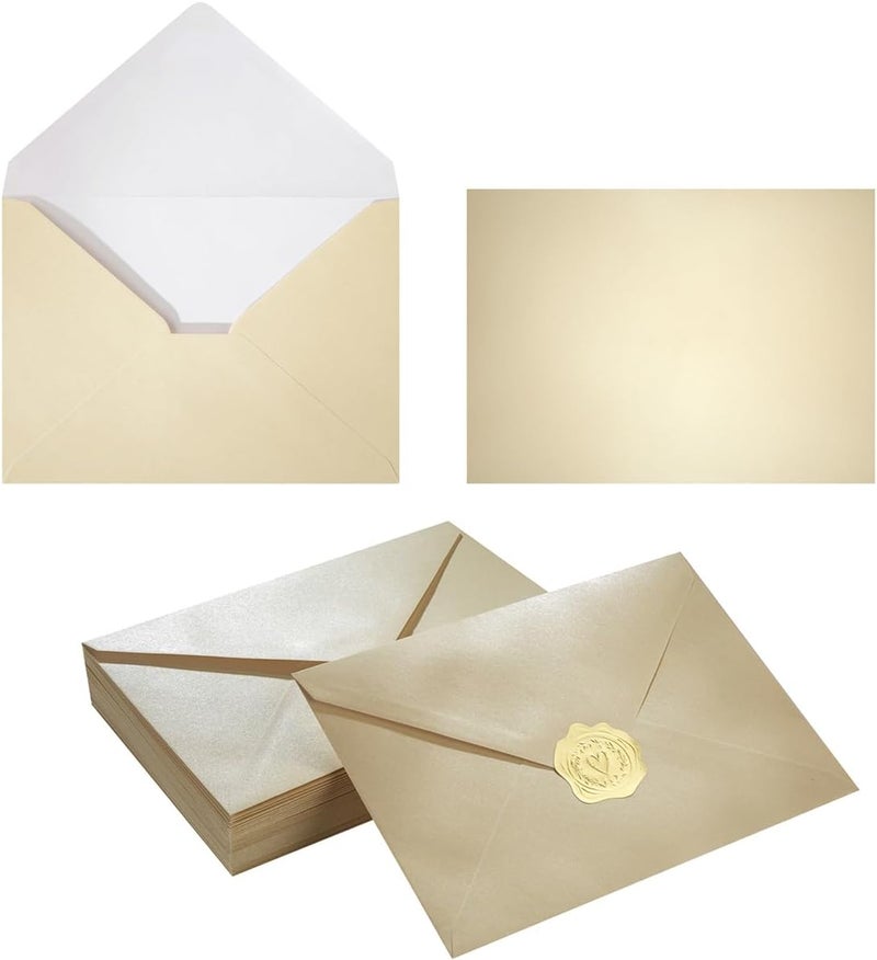 Homtable 50 Pieces Shiny Envelopes with Gold Stickers for Wedding Invitation Cards, Graduation, Baby Shower, Greeting Cards (Cream Color, A7, 5x7) - Image 1